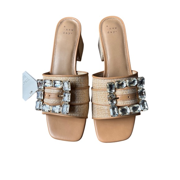 a new day Shoes - A New Day‎ Kathleen  Raffia Rhinestone Buckle Block Heel Slide Sandals 8.5 NWT